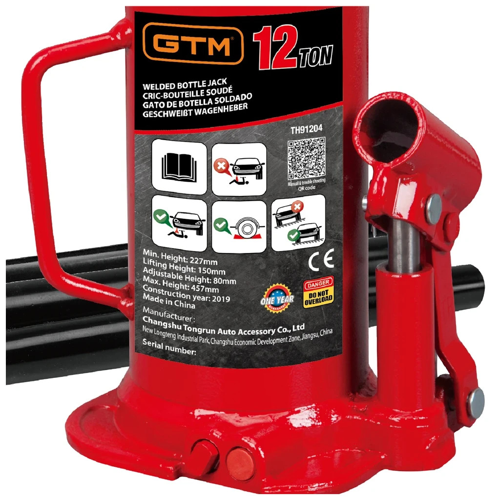 Домкрат GTM гідравлічний пляшковий 12т (240-460мм) (TH91204) - зображення 3