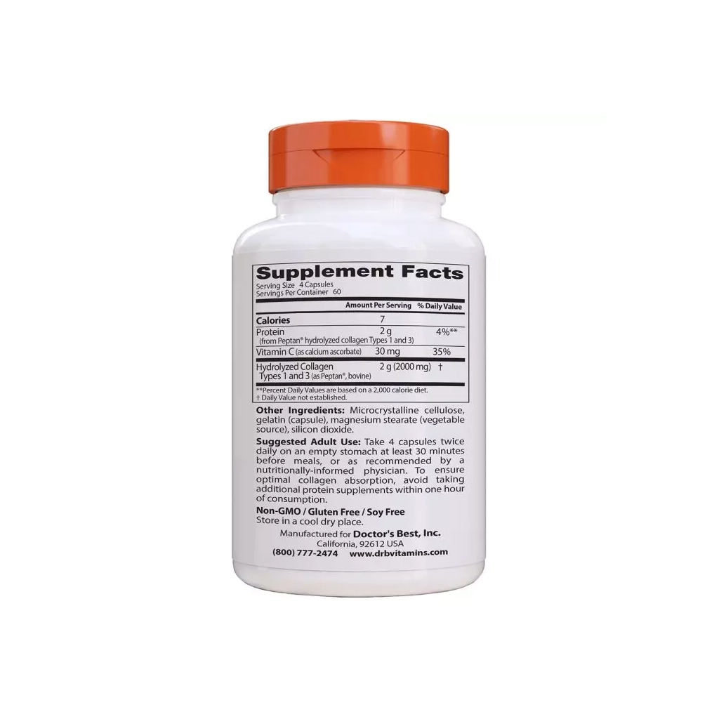 Вітамін Doctor's Best Колаген Типів 1 & 3 500мг, Peptan, 240 капсул (DRB-00263) - зображення 2
