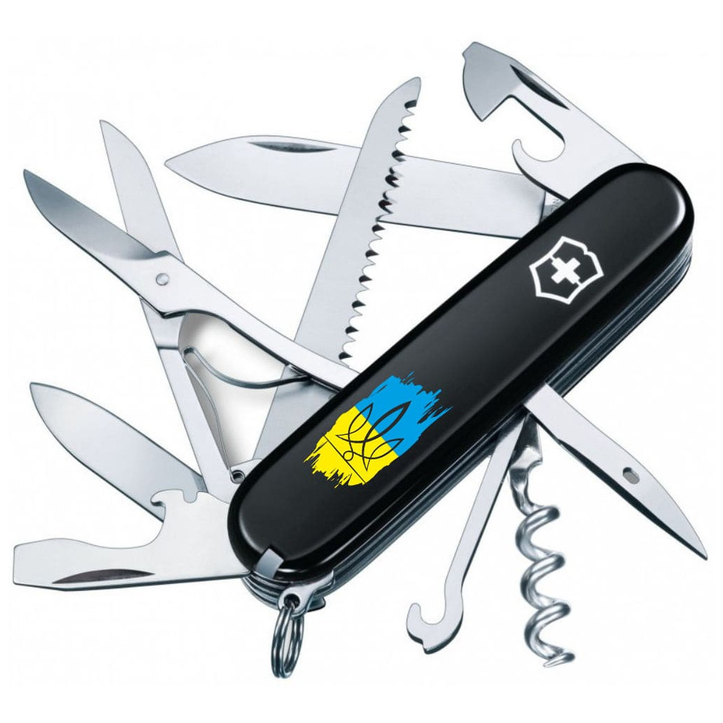 Ніж Victorinox Huntsman Ukraine 91 мм Чорний Тризуб фігурний на тлі прапора (1.3713.3_T1026u) - зображення 1