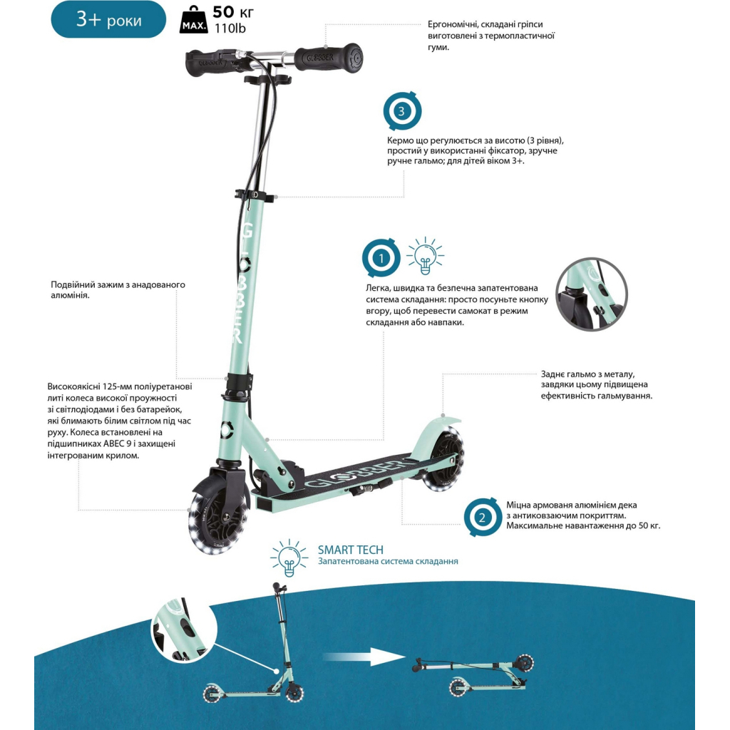Самокат Globber Flow Element Junior Lights LED, чорно-бірюзовий (729-105) - зображення 11