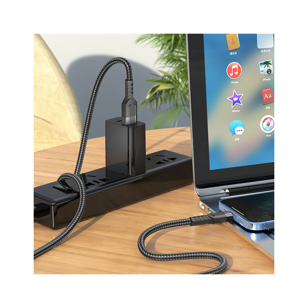 Дата кабель USB 2.0 AM to Lightning 1.2m 2.4A nylon aluminum U110 black HOCO (6931474770561) - зображення 4