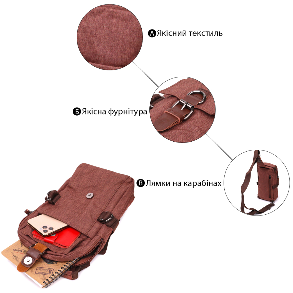 Сумка Vintage Плечова з щільного текстилю Коричнева (22186) - зображення 5