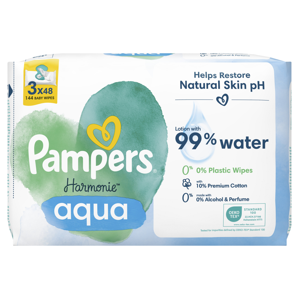 Дитячі вологі серветки Pampers Harmonie Aqua 3 пачки х 48 шт (8006540458525) - зображення 2