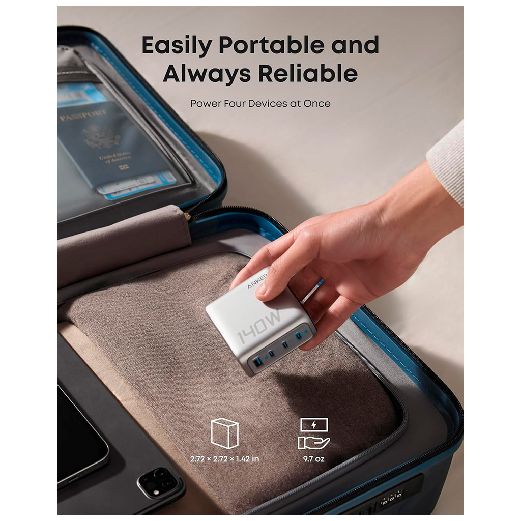 Зарядний пристрій Anker Laptop GaN 140W 3xUSB-C PD3.1 + USB-A + display + cable Silver (B2697G41) - зображення 6