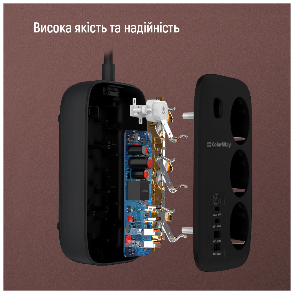 Мережевий фільтр живлення ColorWay CW-CHE34PDB 3 роз/4USB GaN3 Pro (CW-CHE34PDB) - зображення 10