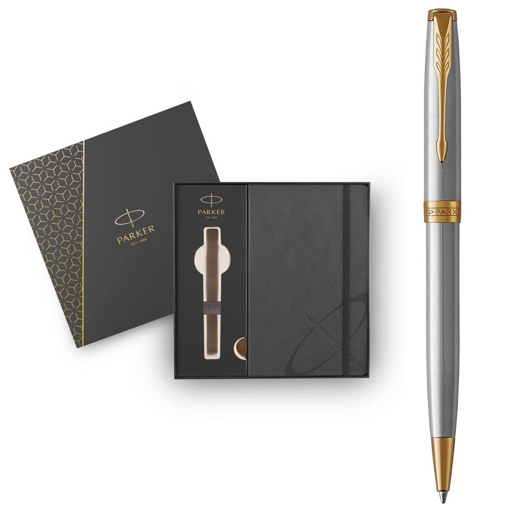 Ручка кулькова Parker SONNET 17 Stainless Steel GT BP + блокнот Parker + подар.упак. GIFT24 (84 132b24) - изображение 1