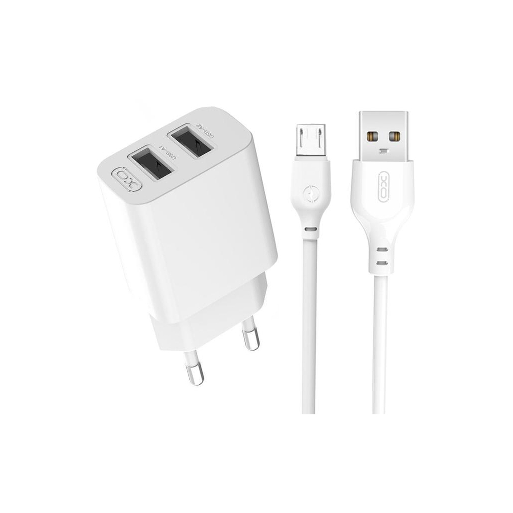 Зарядний пристрій XO L109 12W (2USB/2.4A) + USB - MicroUSB White (XO-L109-M) - зображення 1