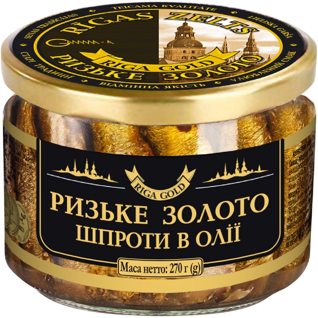 Рибні консерви Ризьке золото Шпроти в олії 270 г с/б (4820062447034) - зображення 1