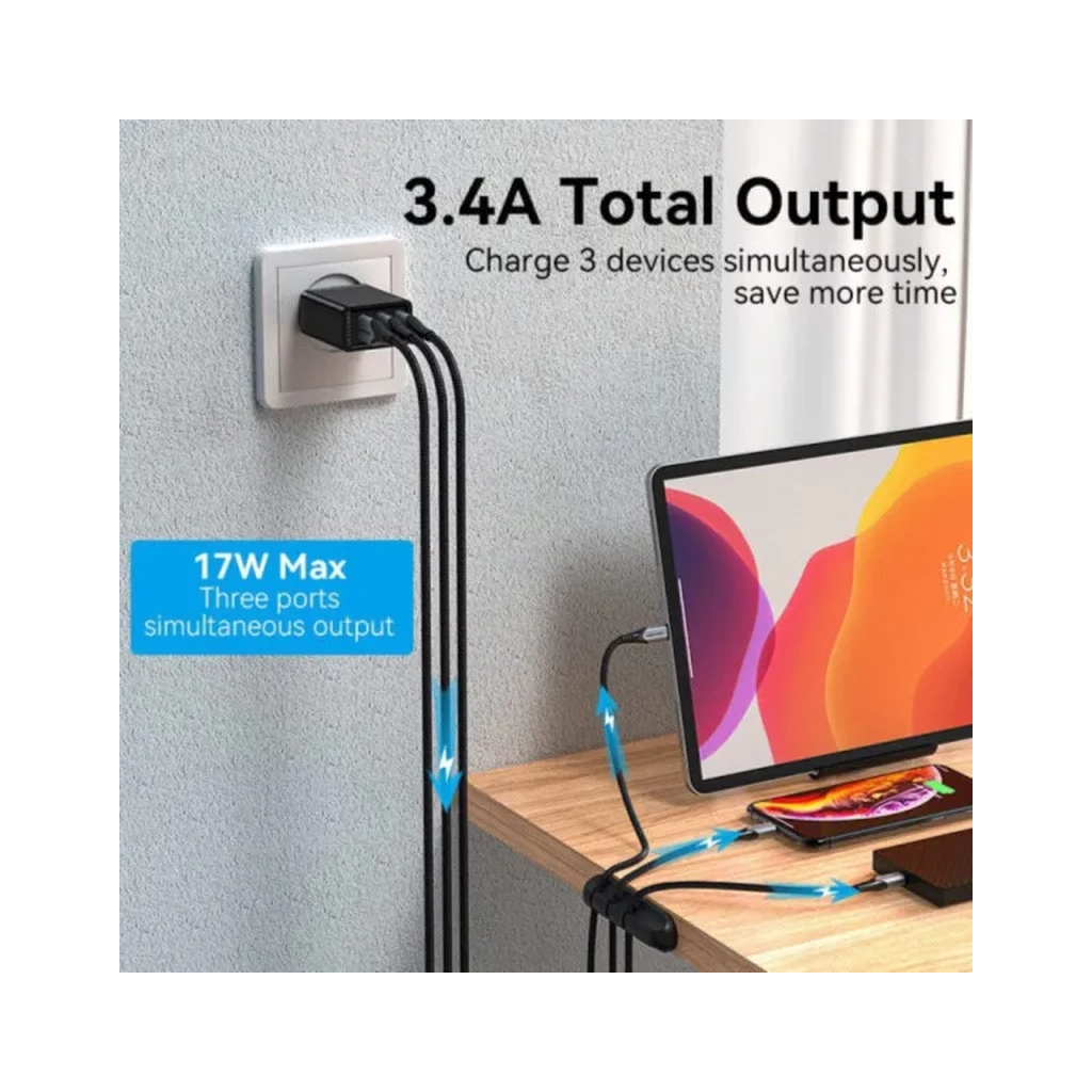 Зарядний пристрій Vention 3xUSB A 12W Black (FEAB0-EU) - зображення 4