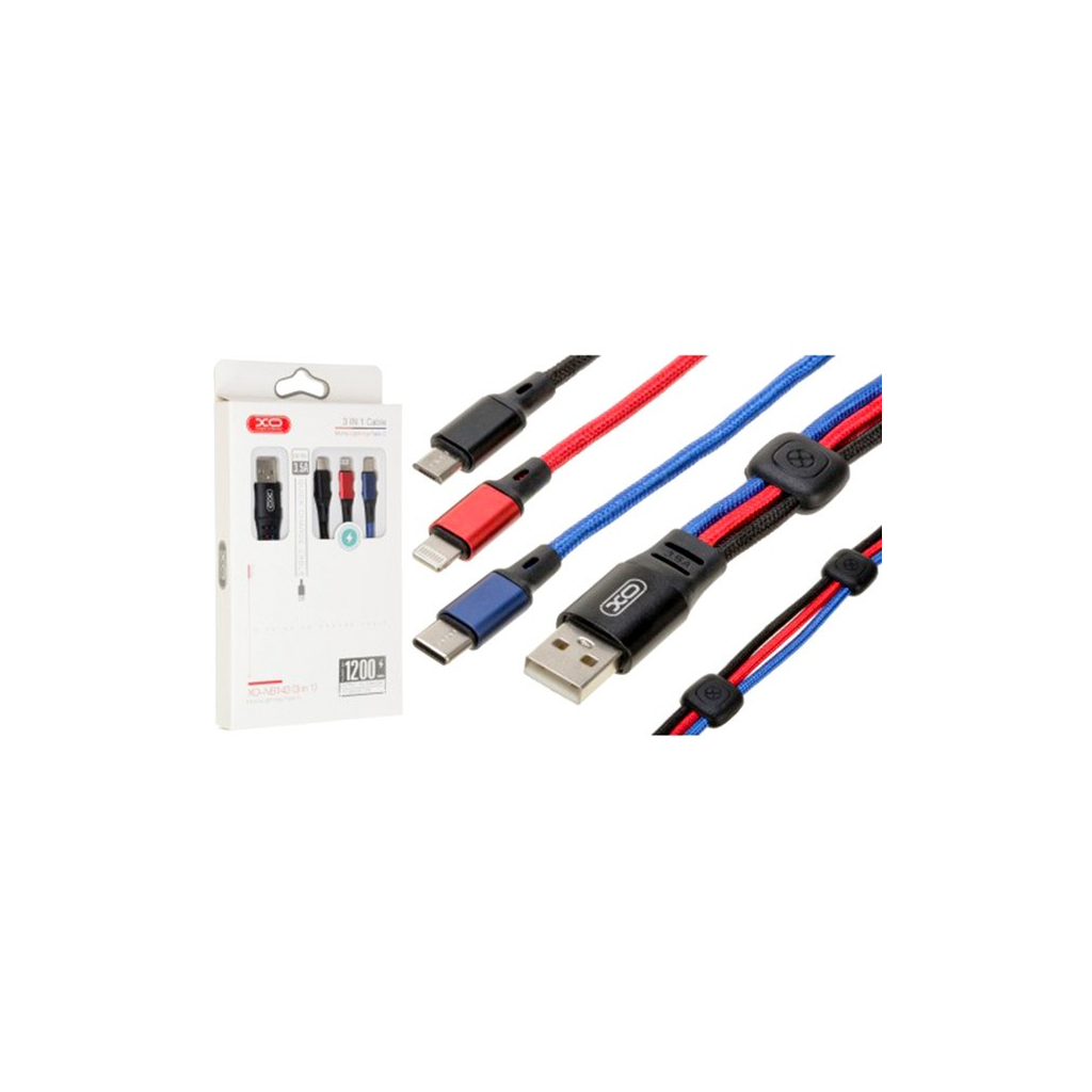Дата кабель USB 2.0 AM to Lightning + Micro 5P + USB-C 1.2m black red blue XO (XO-NB143-3in1) - зображення 3