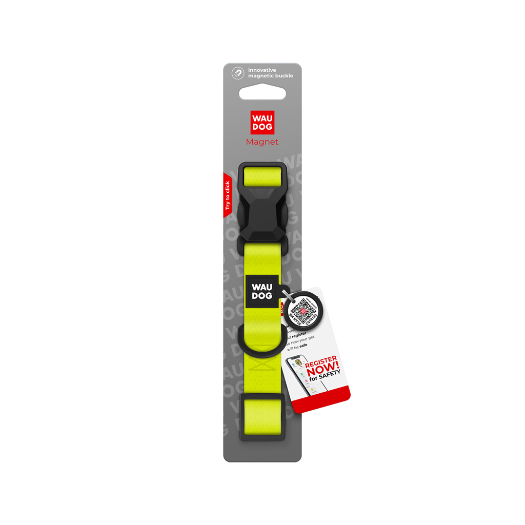 Нашийник для тварин WAUDOG Magnet c QR паспортом, магнітна пряжка-фастекс M лимонний (279526) - зображення 4