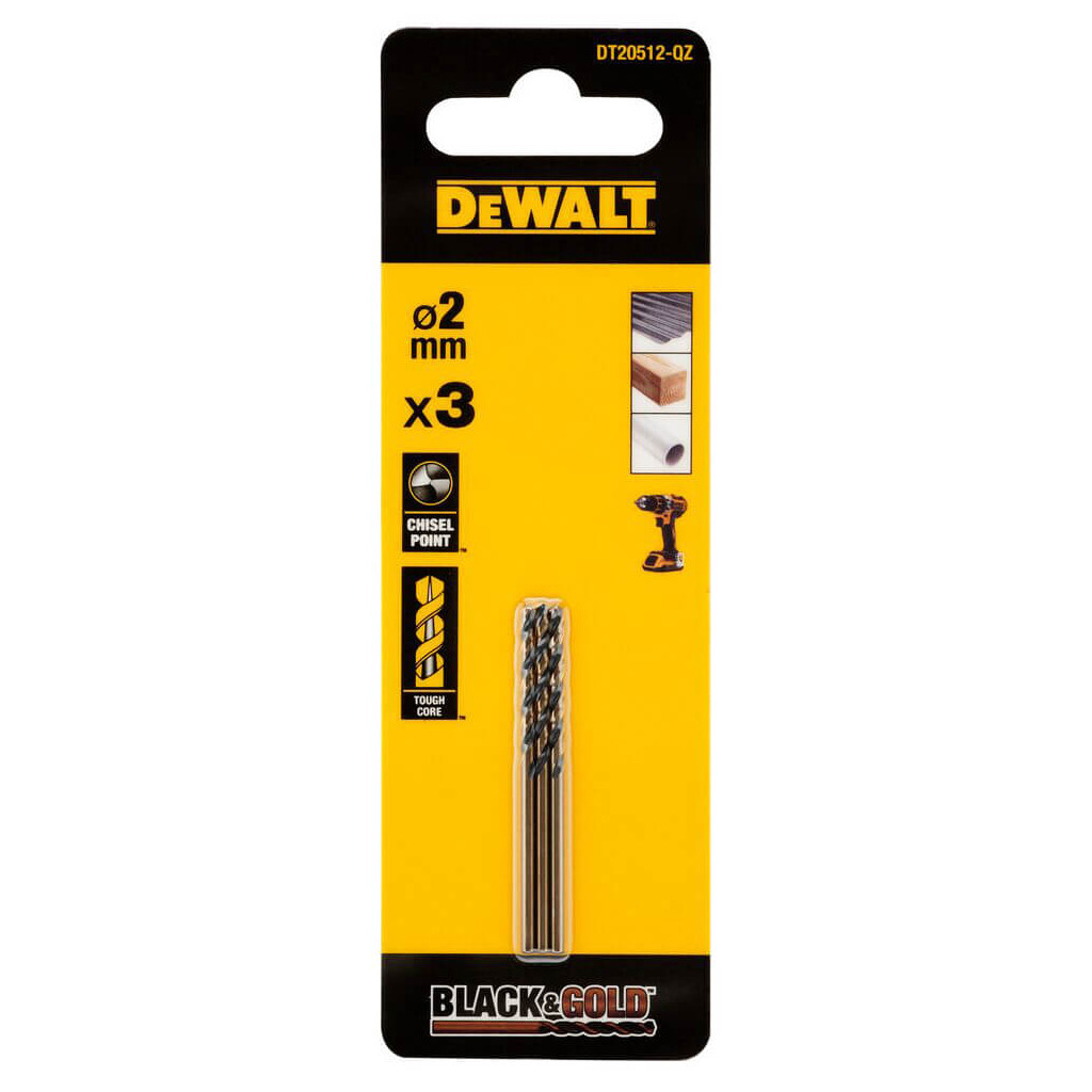 Свердло DeWALT по металу Black & Gold, HSS-G, 2 х 49 х 24 мм, 3 шт. (DT20512) - зображення 1