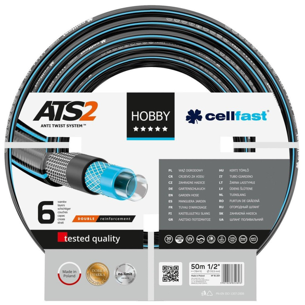 Шланг для поливу Cellfast HOBBY ATS, 1/2", 50м, 6 шарів, до 30 Бар, -20…+60°C (16-201) - зображення 1