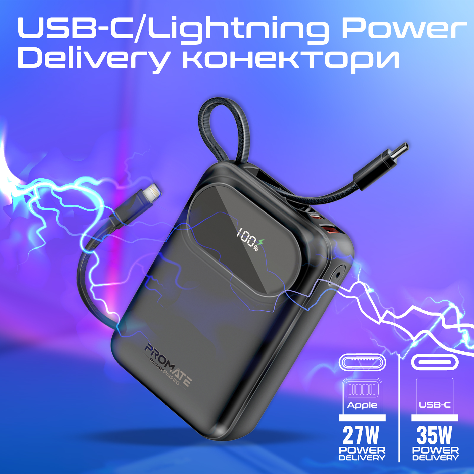 Універсальна мобільна батарея Promate PowerPod-20 20000mAh 35W Black - изображение 4