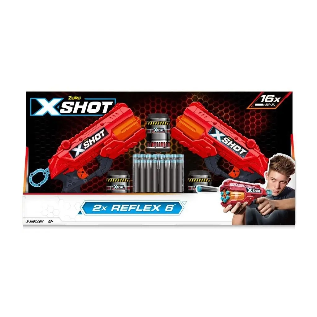 Набір швидкострільних бластерів Zuru X-Shot Red EXCEL Reflex Double (2 бластери, 3 банки, 16 патронів) (36434R) - зображення 2