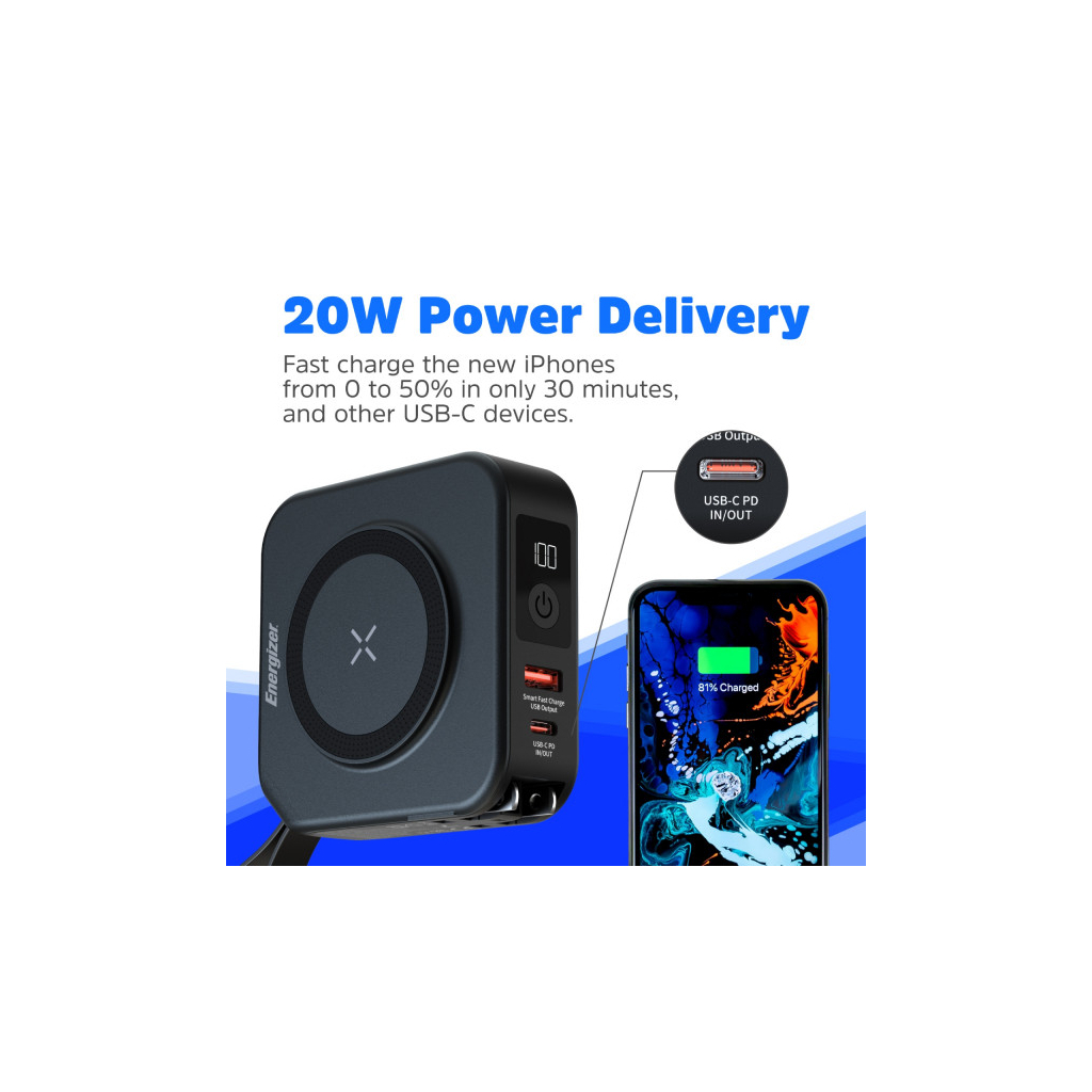 Батарея універсальна Energizer Magnetic Wireless 10000mAh 20W PD, AC зарядка, QI/15W, built-in USB-C (QM10001AC) - изображение 11