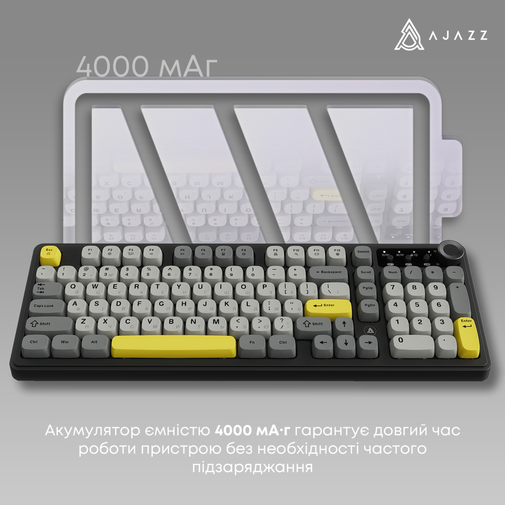Клавіатура Ajazz AF98 Plus Wireless/Bluetooth/USB UA Black/Grey/Yellow (AF98-PLUS-BGY) - изображение 10