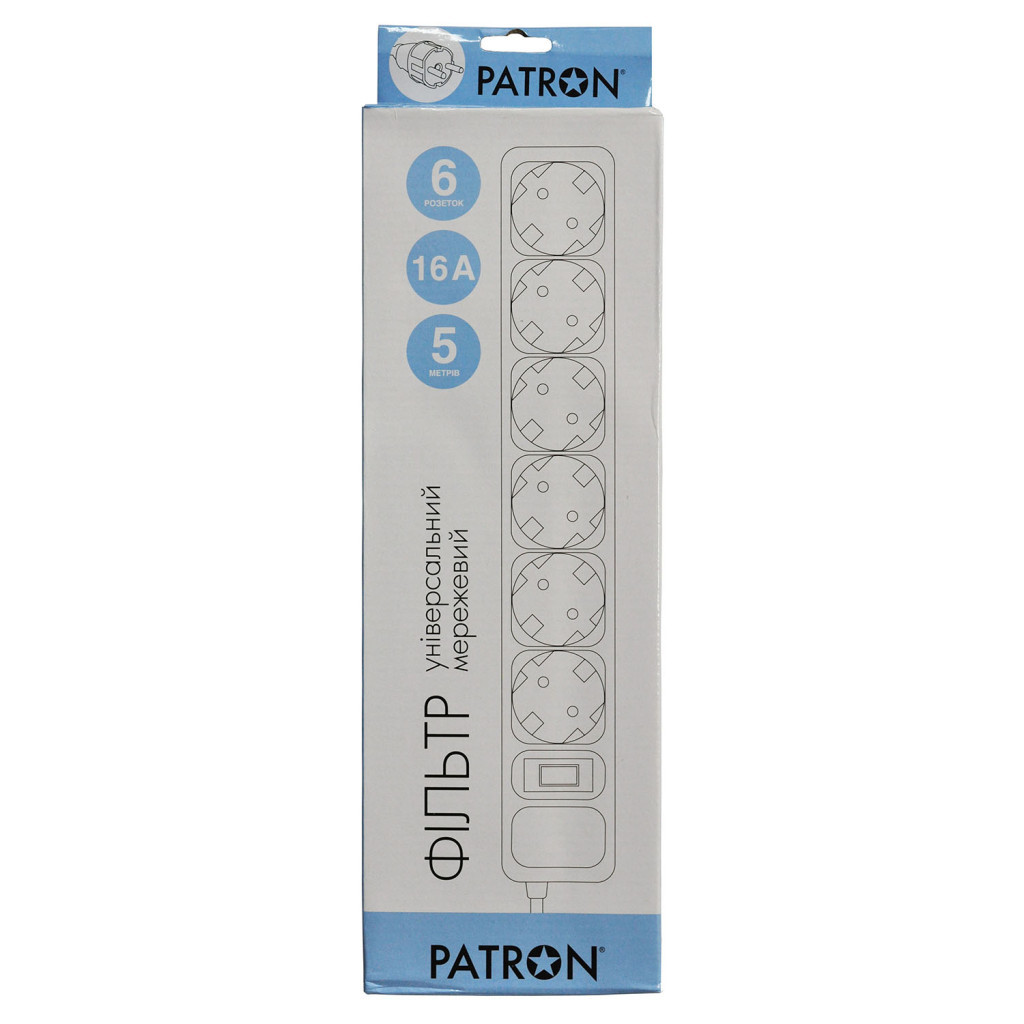 Мережевий фільтр живлення Patron 5.0 m, 3*1.5mm2 (SP-1655) 6 розеток BLACK (EXT-PN-SP-1665) - зображення 2