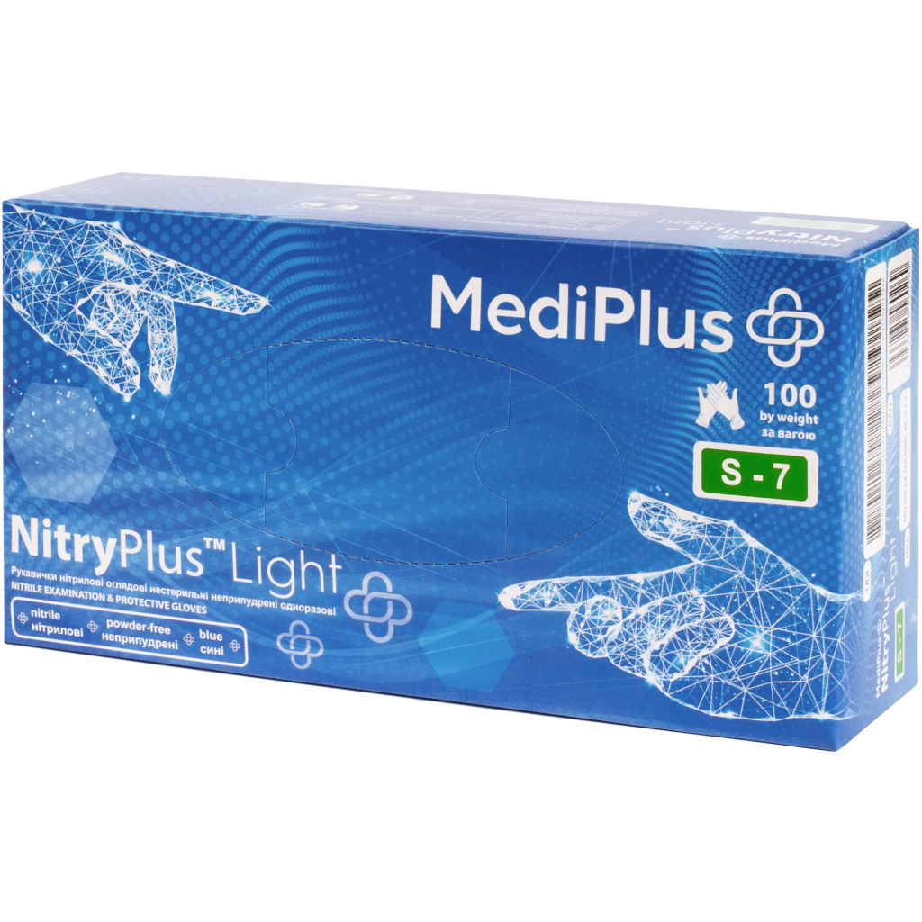 Медичні рукавички MediPlus NitryPlus Light Нітрилові оглядові нестерильні неприпудрені Сині Розмір S 100 шт. (6933265560238) - зображення 1