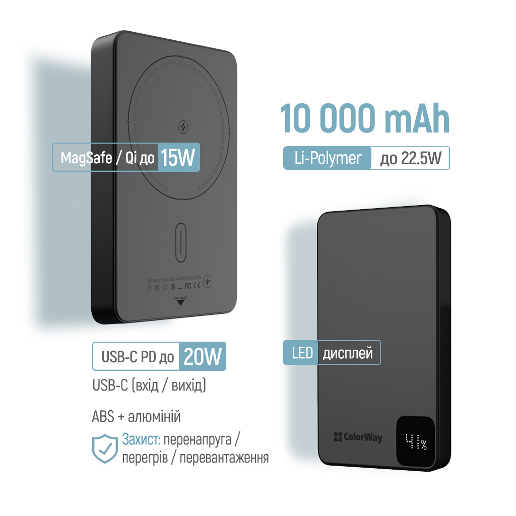 Батарея універсальна ColorWay 10 000 mAh PD/22.5W, 15W MagSafe Black (CW-PB100LPA1BK-WPDD) - изображение 7