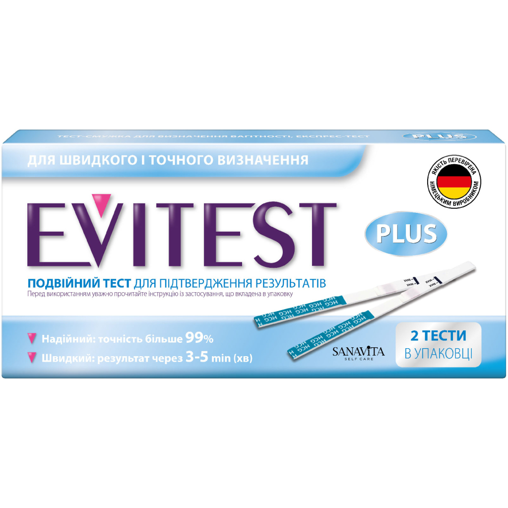 Тест на вагітність Evitest Plus смужка 2 шт. (4033033417046) - зображення 1