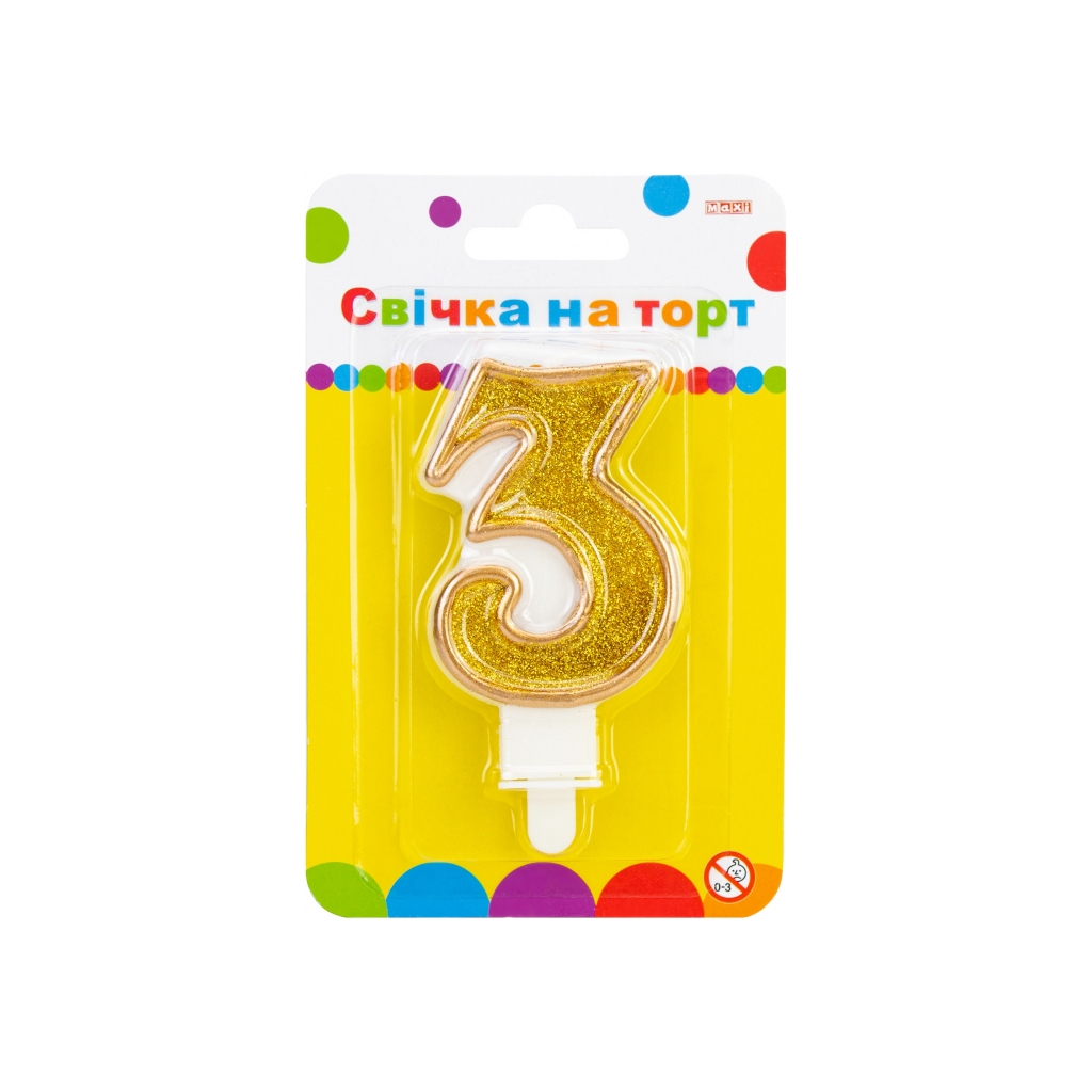 Свічка Maxi золотиста двостороння з блискітками "3", 7,62 см, на торт (MX622083-3) - зображення 1