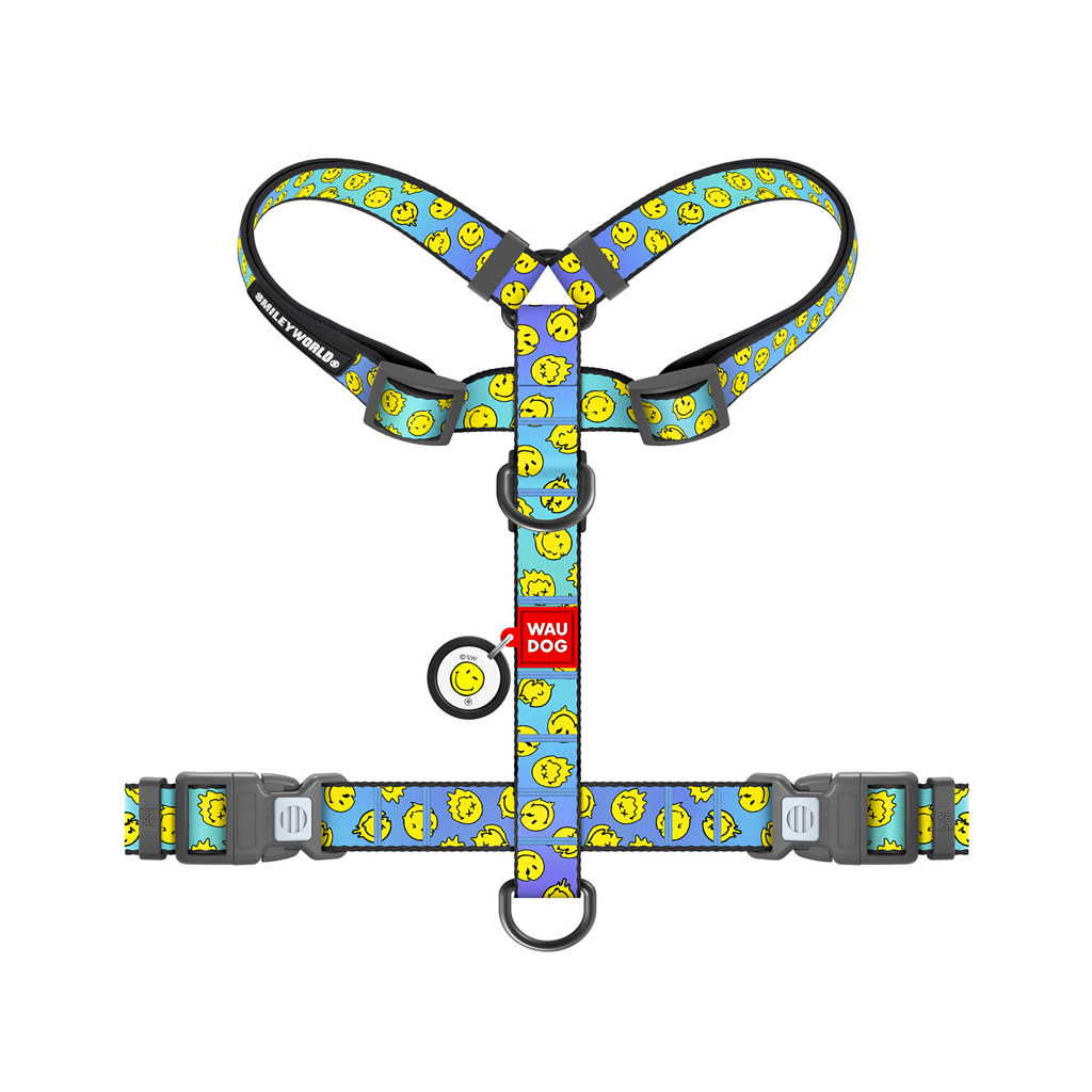 Шлея для собак WAUDOG Nylon анатомічна H-подібна з QR-паспортом "Смайли на блакитному" пластиковий фастекс, M (344-0182) - зображення 2