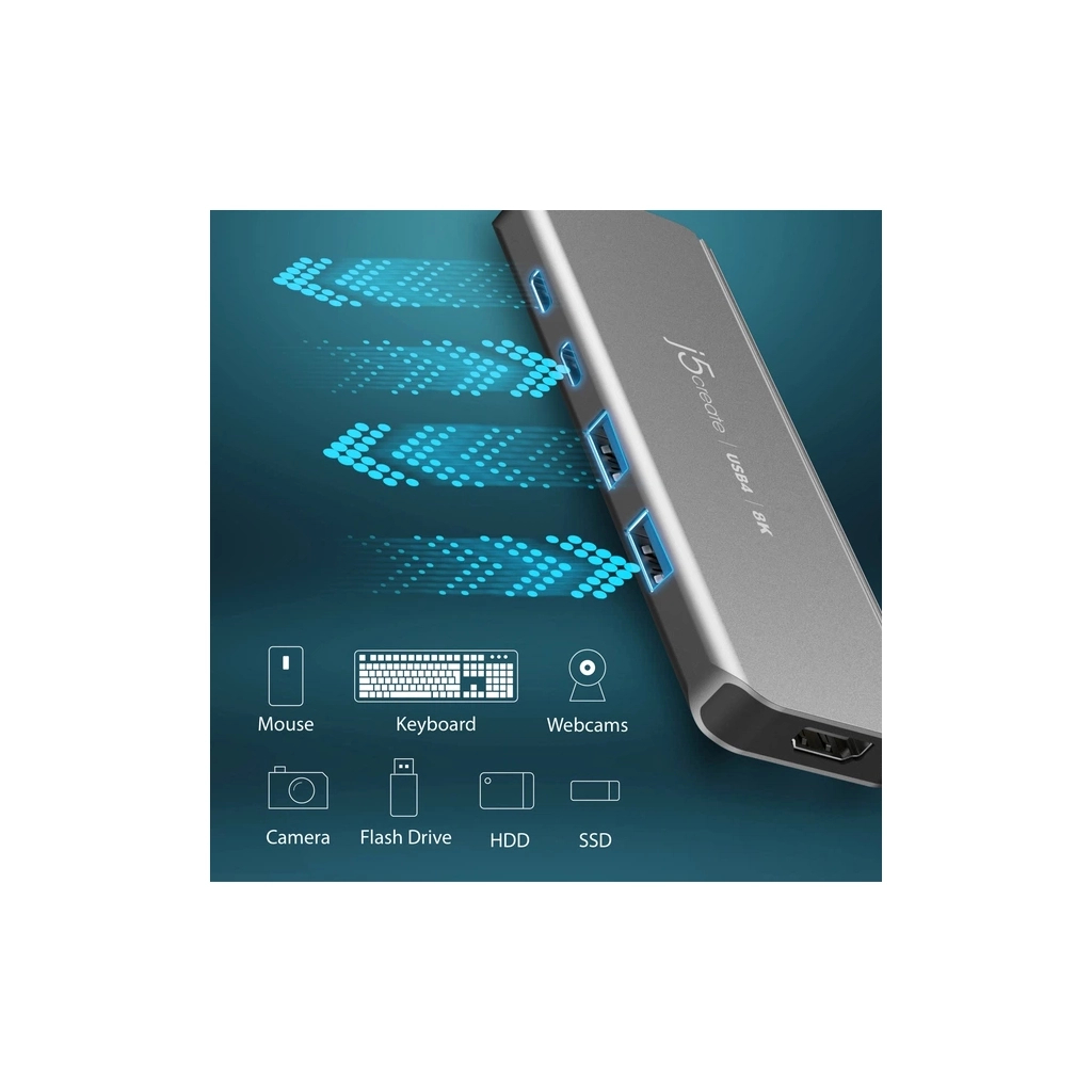 Концентратор J5create USB-C 5-in-1 2xUSB 3.2 10Gbps + 2xUSB-C 10Gbps PD 100W + HDMI 8K gray (JCH453-N) - зображення 7