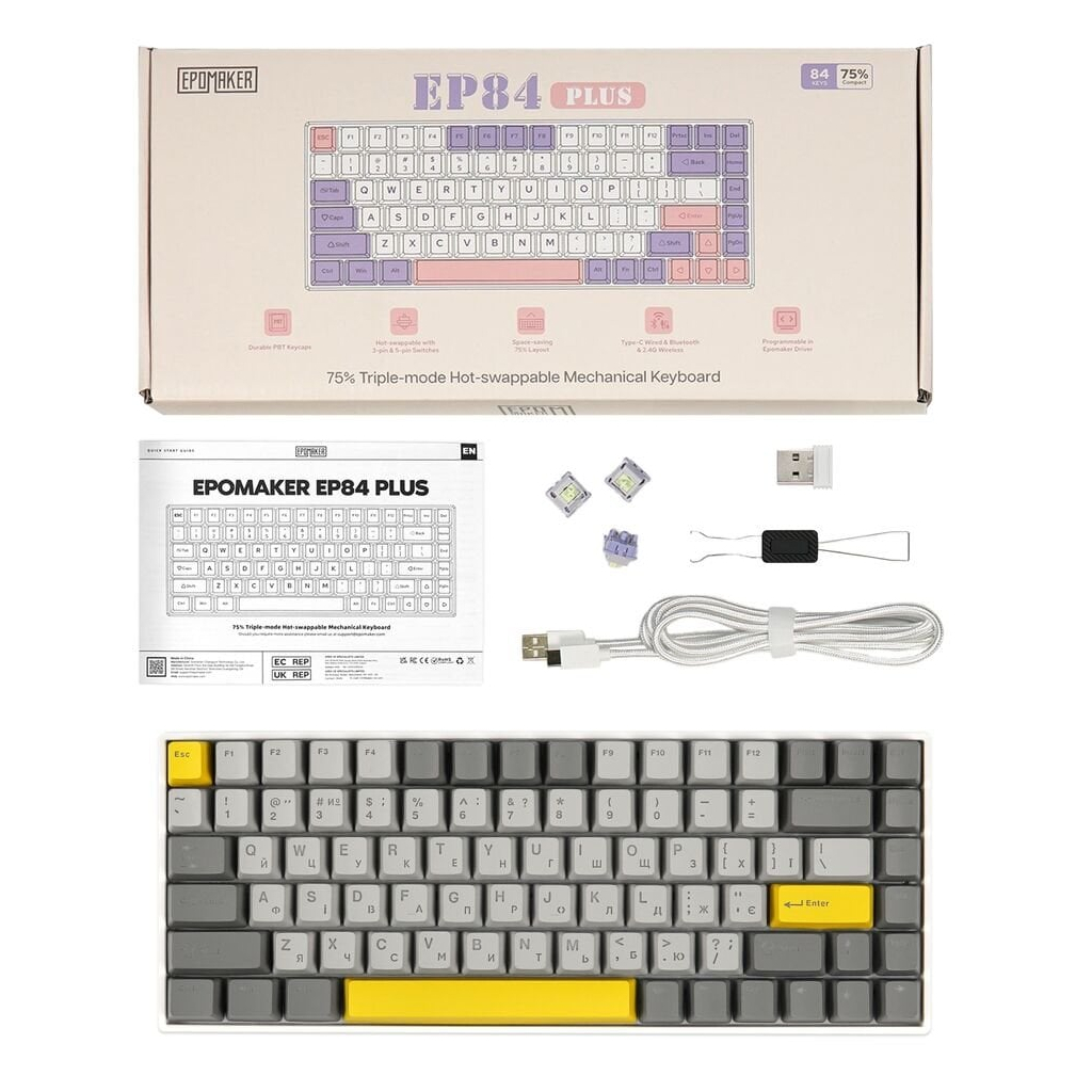 Клавіатура Epomaker EP84 Plus 75 Wisteria Linear Switch Hot-Swap RGB Wireless/Bluetooth/USB UA White (EP84-W-WL) - зображення 12