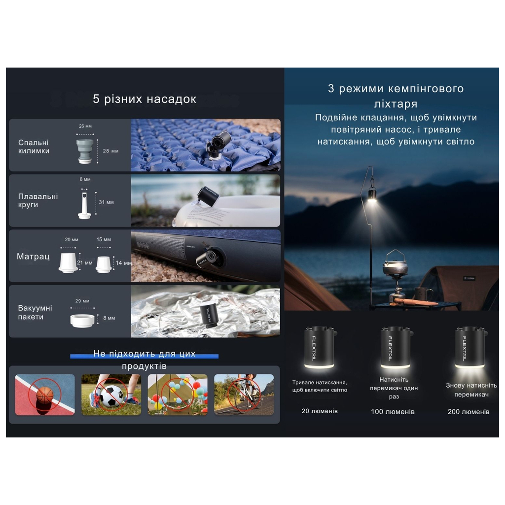 Насос для надувних меблів Flextail Tiny Pump Х з функцією ліхтаря, чорний (6975755964355) - picture 10