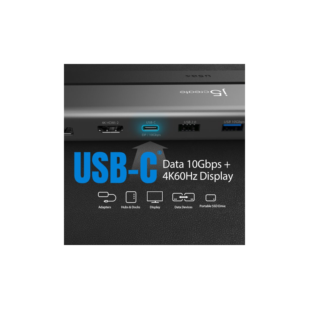 Порт-реплікатор J5create Dock-Station USB-C 12-in-1 (HDMI/DP/PD/USB-A/USB-C/LAN/картридер/audio) (JCD554-N) - зображення 10