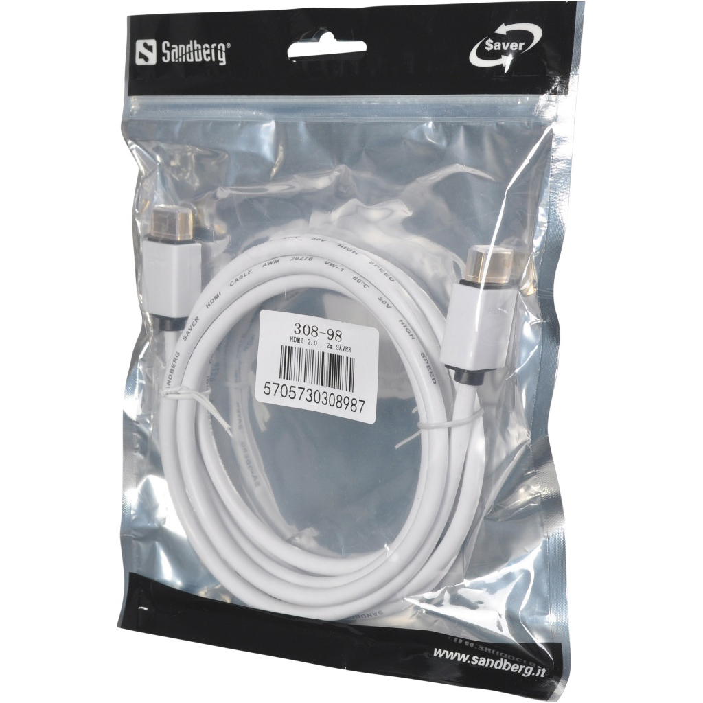 Кабель мультимедійний HDMI to HDMI 2.0m 2.0 white Sandberg (308-98) - зображення 2