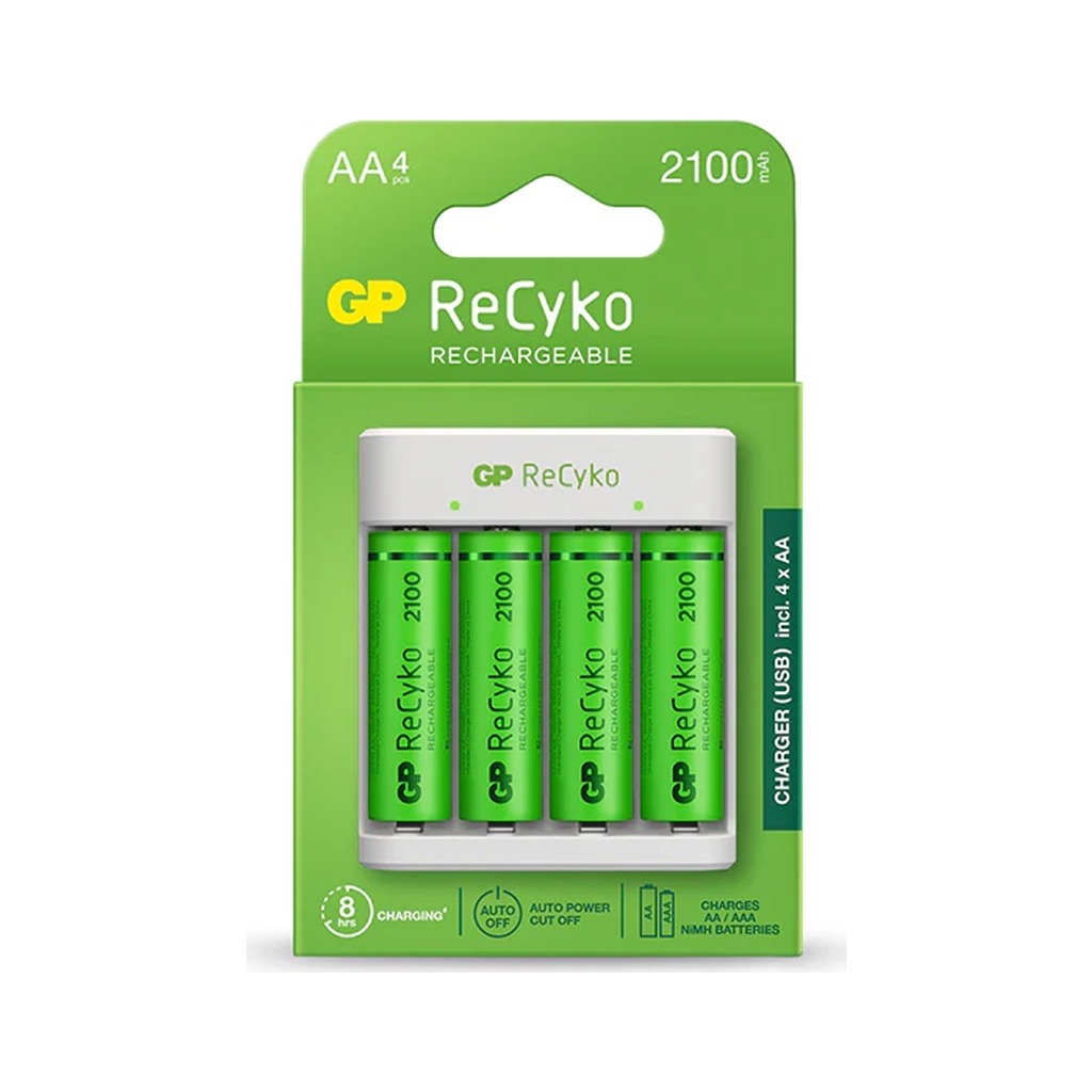Зарядний пристрій для акумуляторів Gp ReCyko 4-Slot E411 USB Charger (w/ 4's 2100mAh AA Batteries) (GPE411 210AAHCN-2B4) - зображення 1