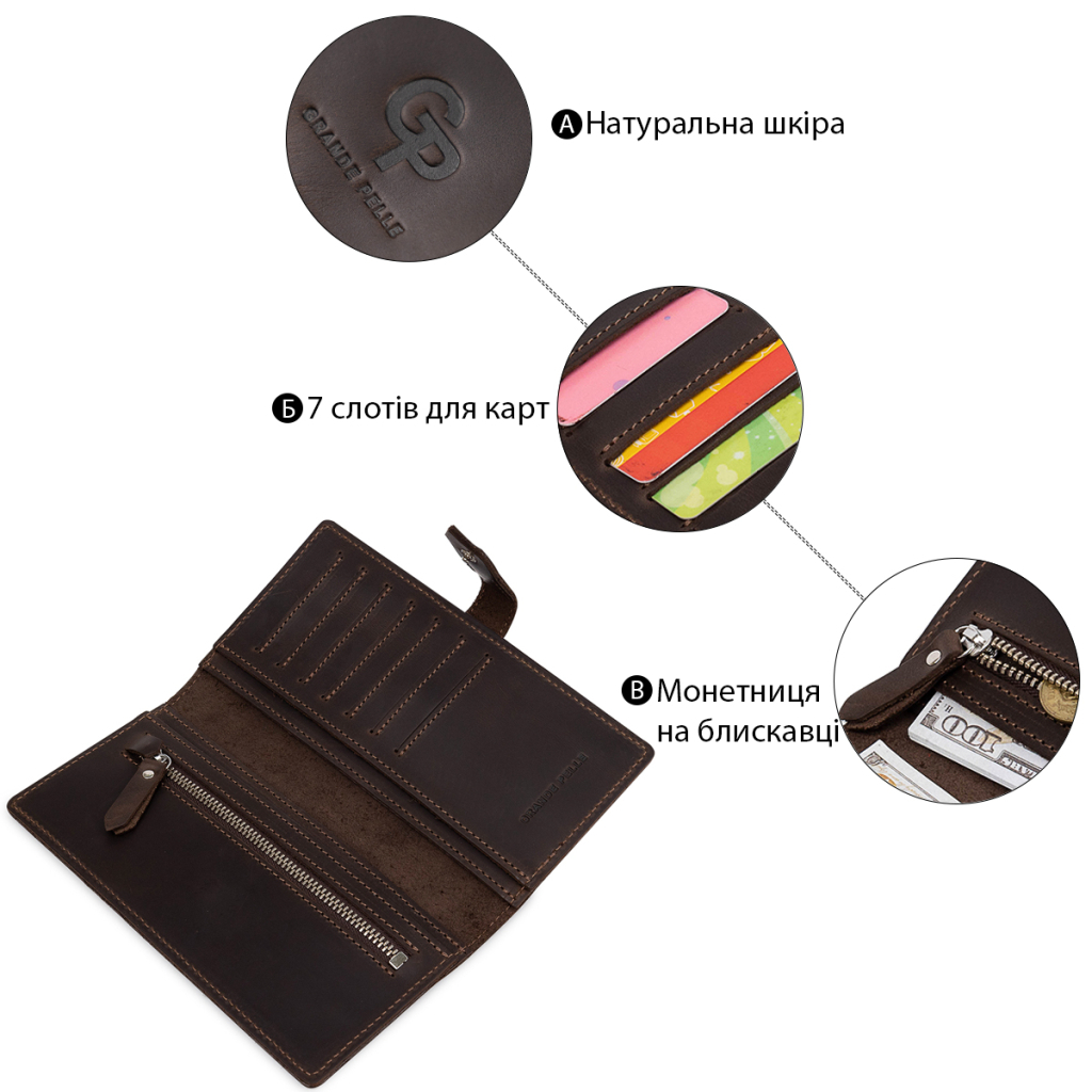 Портмоне Grande Pelle Шкіряне Коричневе (11515) - зображення 4