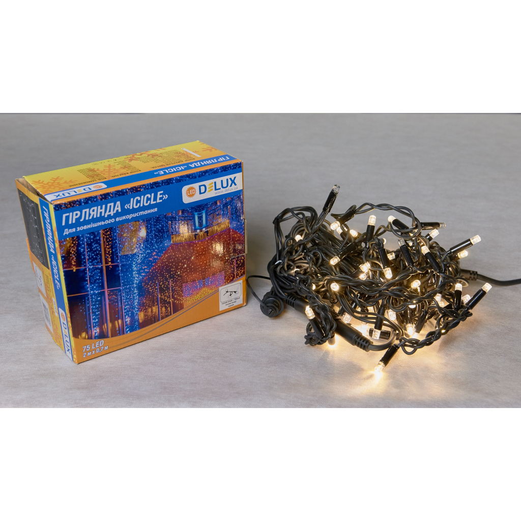 Гірлянда Delux Icicle 75LED 2x0.7m 18 flash теплий білий/чорний IP44 EN (90012960) - зображення 1