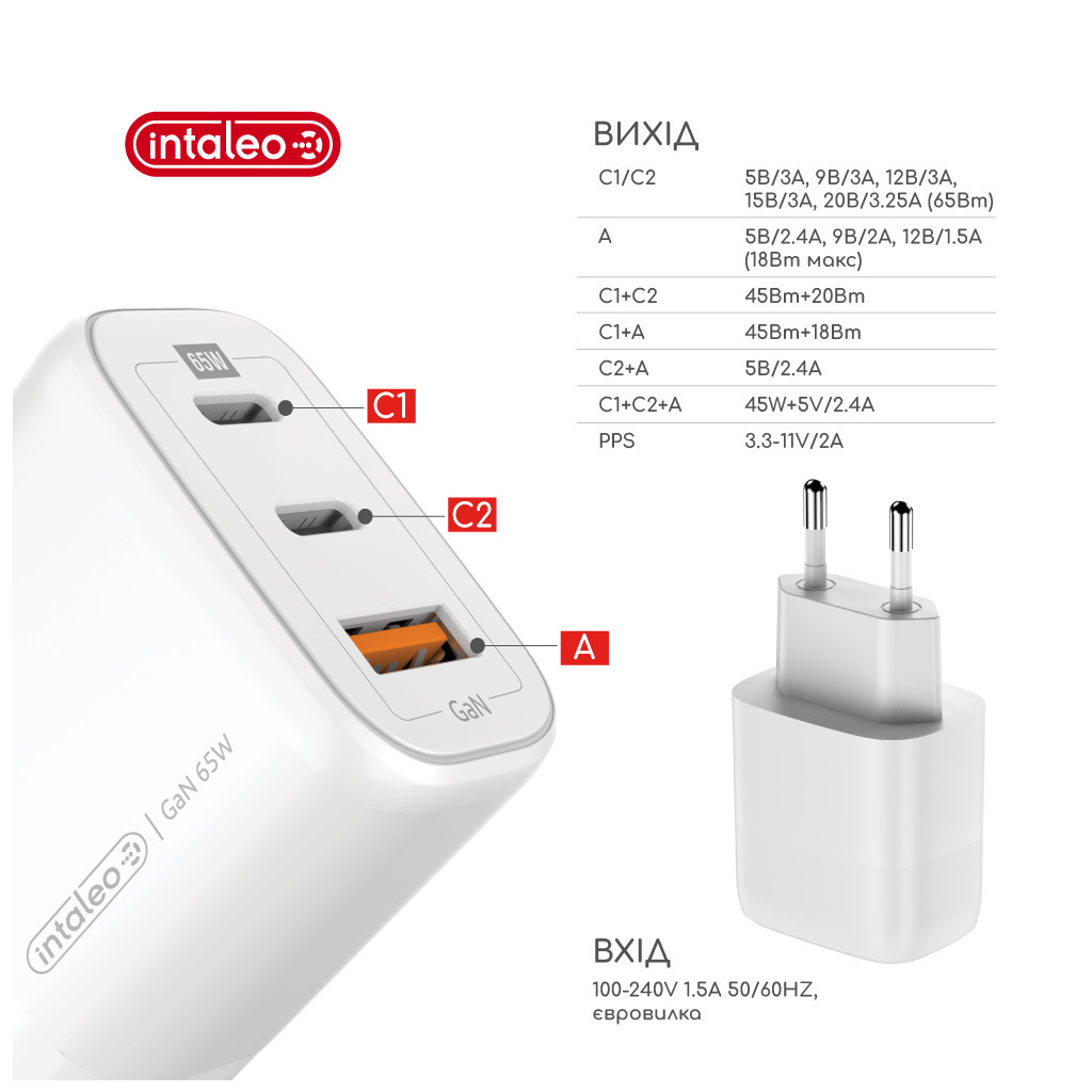 Зарядний пристрій Intaleo 65W GAN 2USB-C PD+USB-A QC 3.0 white (1283126559525) - зображення 3