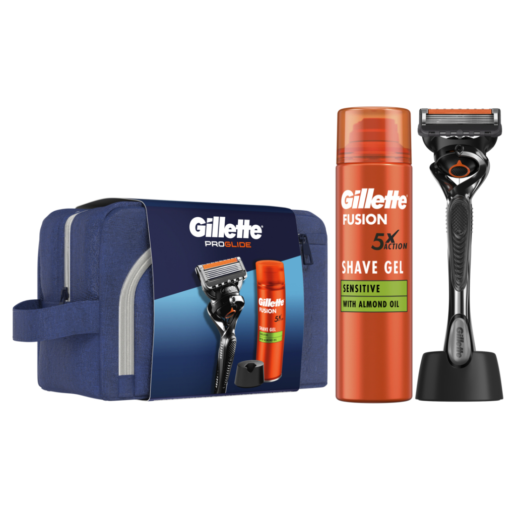 Набір косметики Gillette Бритва ProGlide з 1 змінним лезом + Гель для гоління Fusion5 200 мл + Підставка + Косметичка (8700216534420) - зображення 1