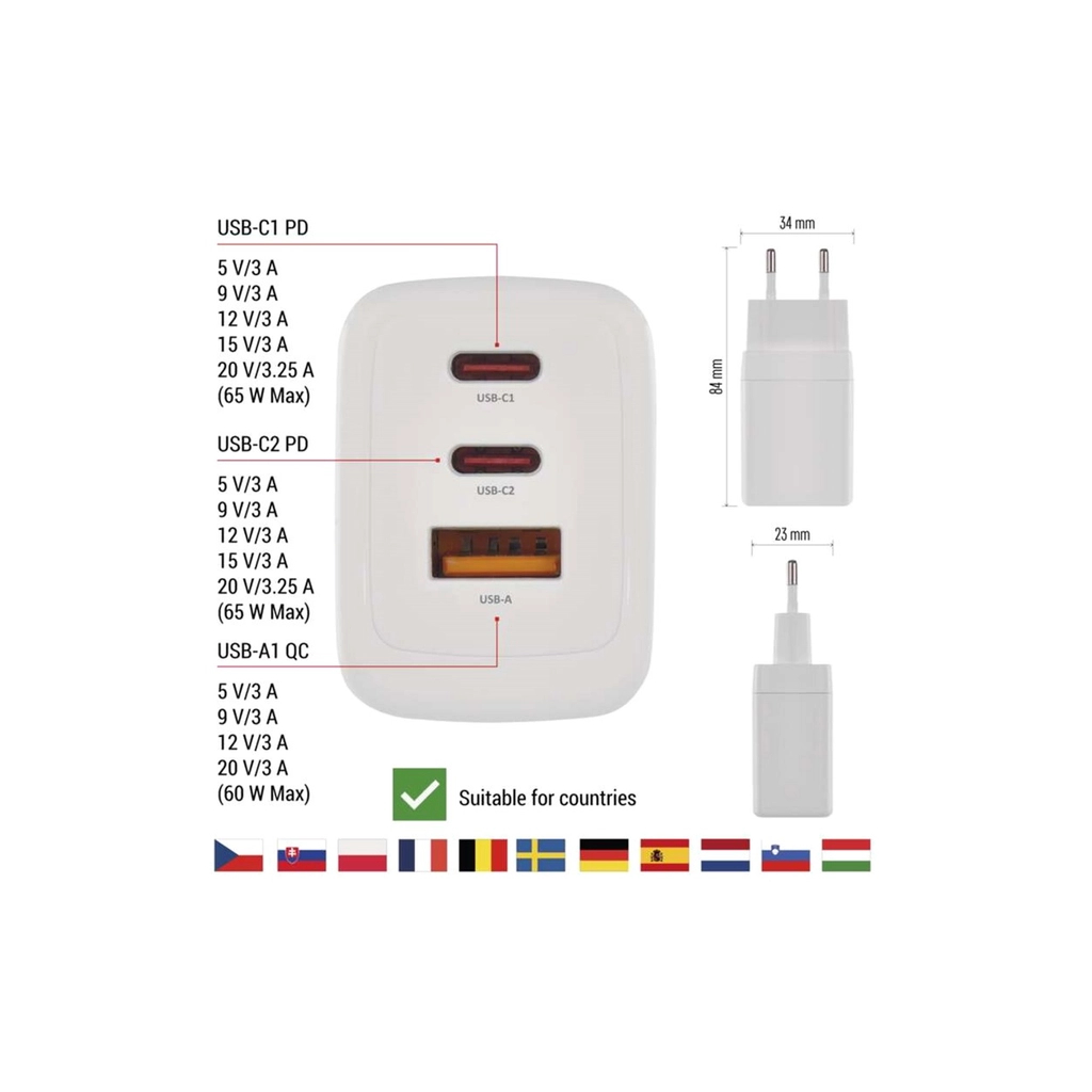 Зарядний пристрій EMOS V05G65 1xUSB-A + 2xUSB-C PD65W GaN (V05G65) - зображення 5