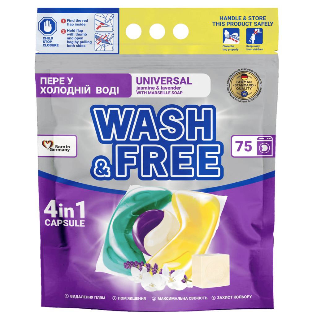 Капсули для прання Wash&Free Universal Жасмин та лаванда з марсельським милом 75 шт. (4260637722997) - зображення 1