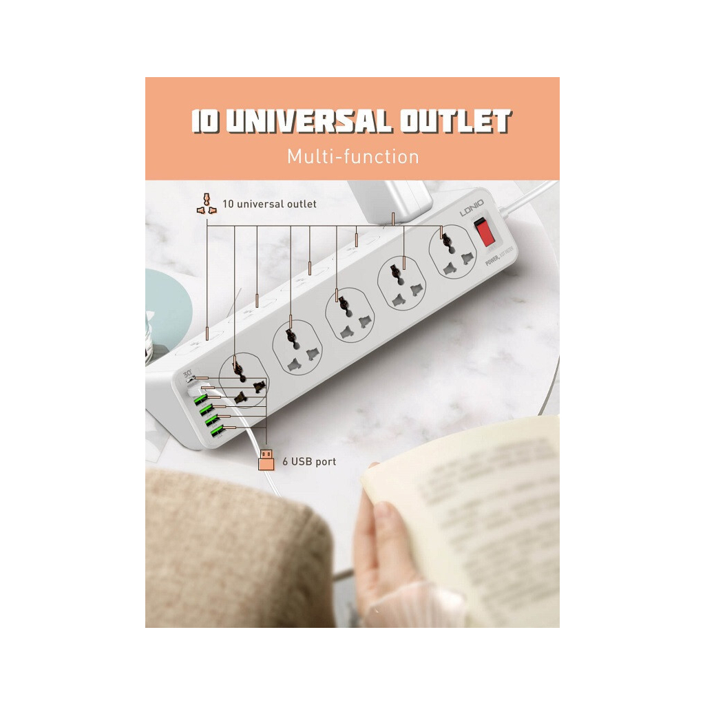 Мережевий фільтр живлення LDNIO SC10610, 5роз + 3USB (SC10610) - зображення 9