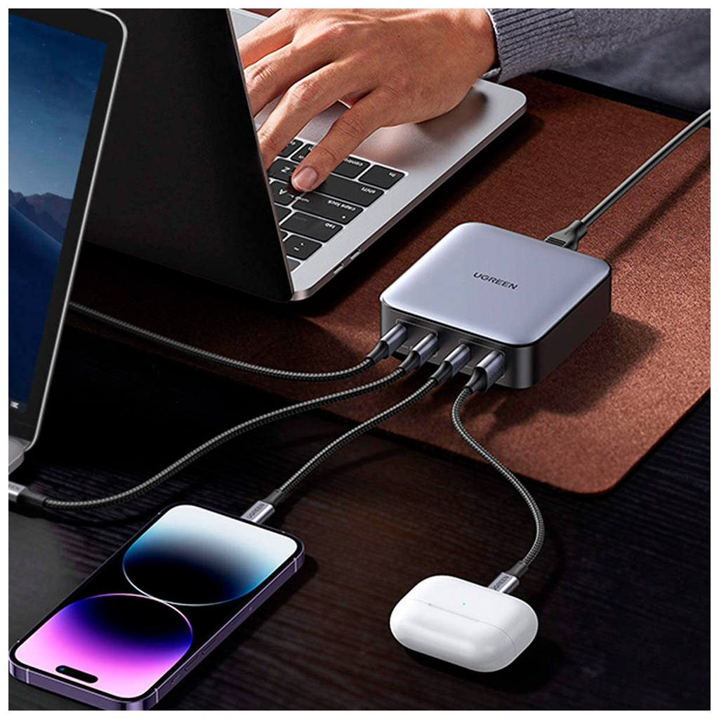 Зарядний пристрій Ugreen 4xUSB 100W (3xType-C+USB A QC3) GAN Charger Nexode Series Black CD328 (90928) - зображення 5