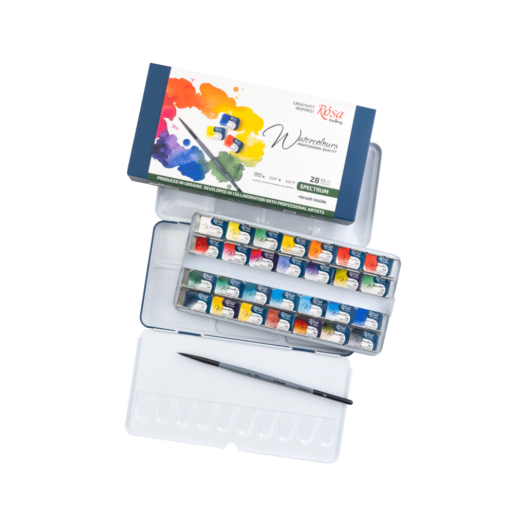 Акварельні фарби Rosa Gallery SPECTRUM, 28*2,5мл, з пензлем, кювета Індіго металевий пенал (4823098544784) - picture 4