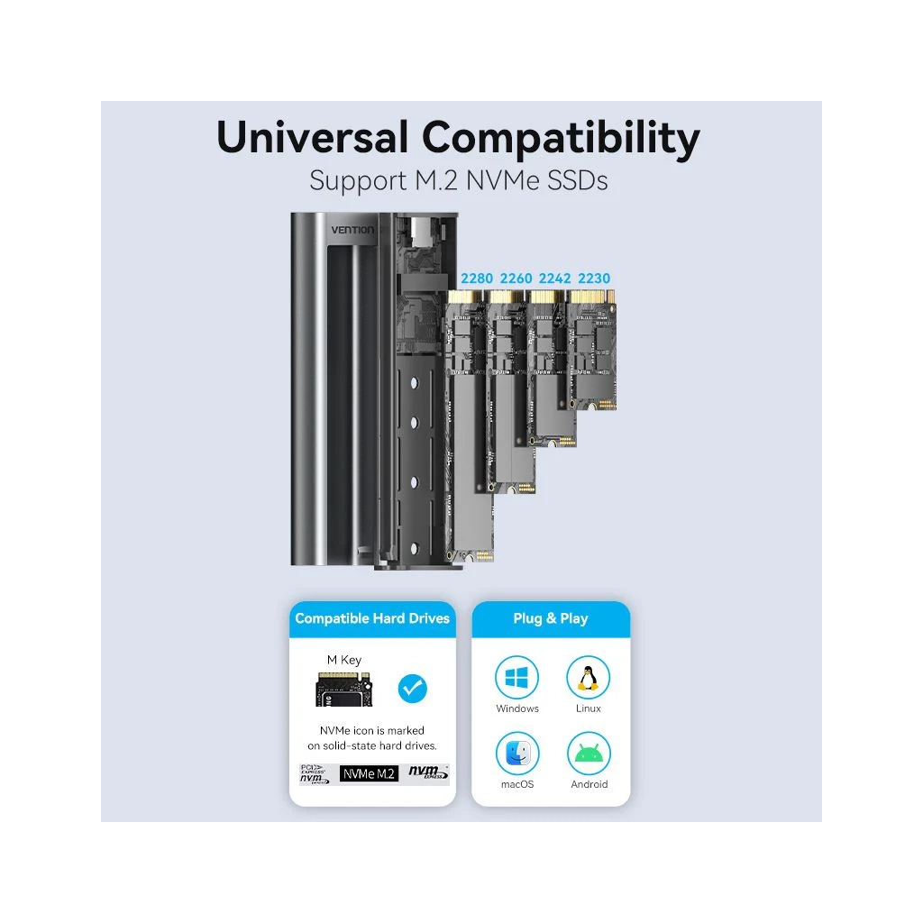 Кишеня зовнішня Vention SSD M.2 (NVME) M-key USB Type-C 3.2 10Gbps Heat Sink Aluminum (KPKH0) - зображення 6