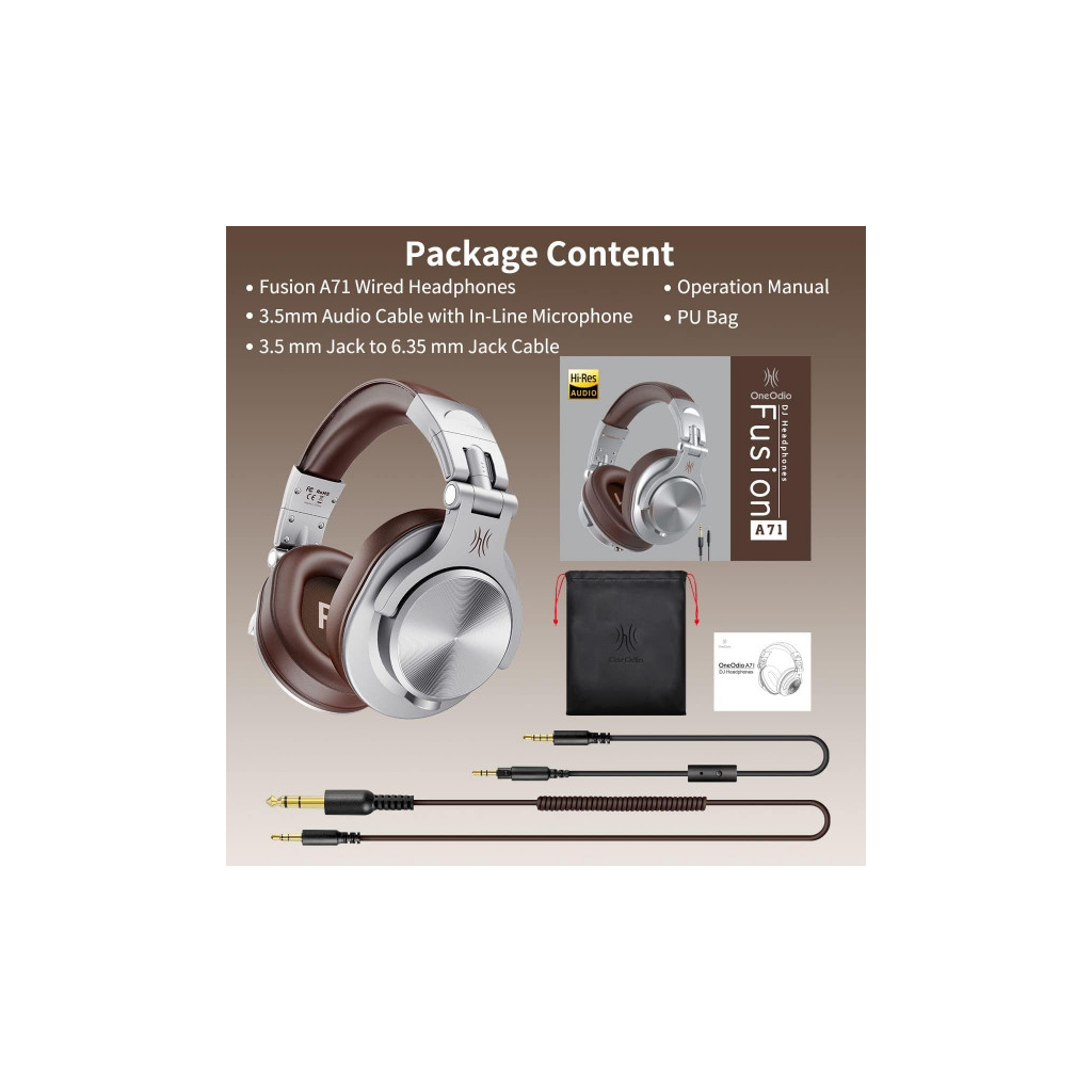 Навушники OneOdio A71 3,5мм/6,35мм Silver/Brown (A71 Silver Brown) - зображення 3