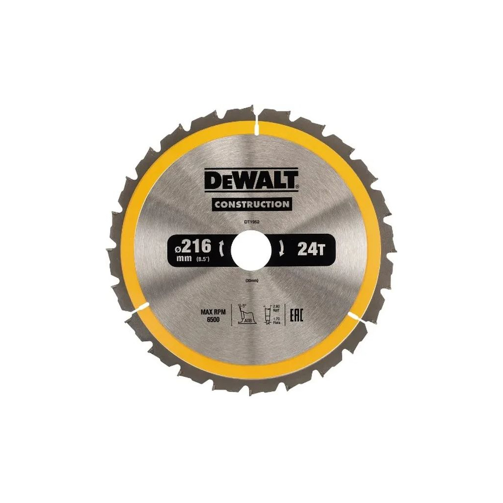 Диск пильний DeWALT CONSTRUCTION 216 х 30 мм, 24z (ATB) - 5 градусів (DT1952) - зображення 1