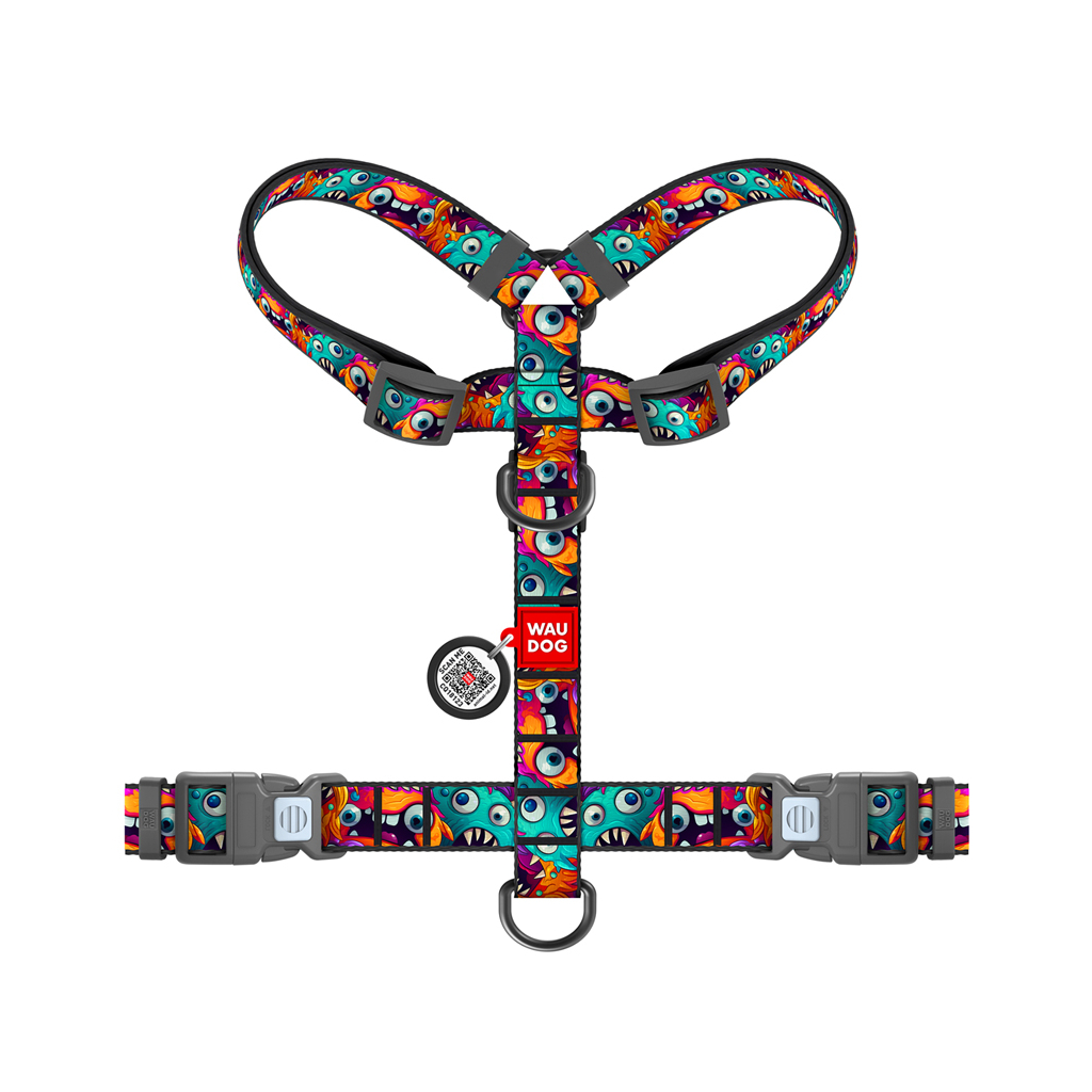 Шлея для собак WAUDOG Nylon анатомічна H-подібна з QR-паспортом "Зубасті монстри" пластиковий фастекс, XL (347-4048) - зображення 2