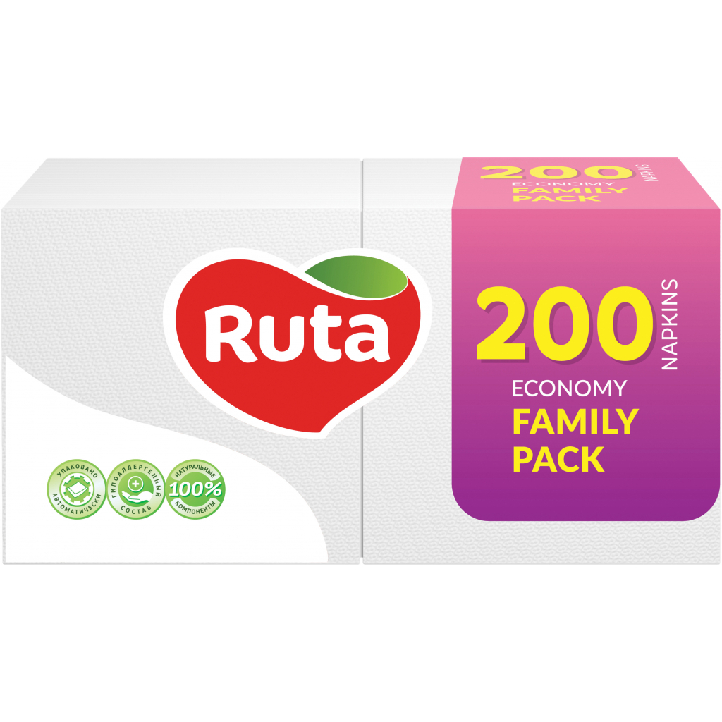 Серветки столові Ruta Family Pack 1 шар 24х24 см Білі 200 шт. (4820023743724) - изображение 1