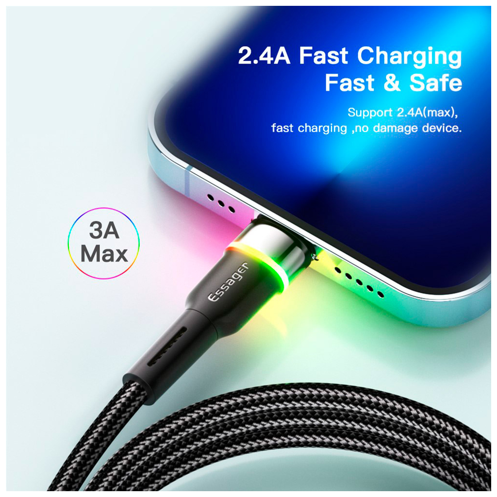 Дата кабель USB 2.0 AM to Lightning 2.0m 2.4A LED black Essager (EXCL-XCDA01) - зображення 5