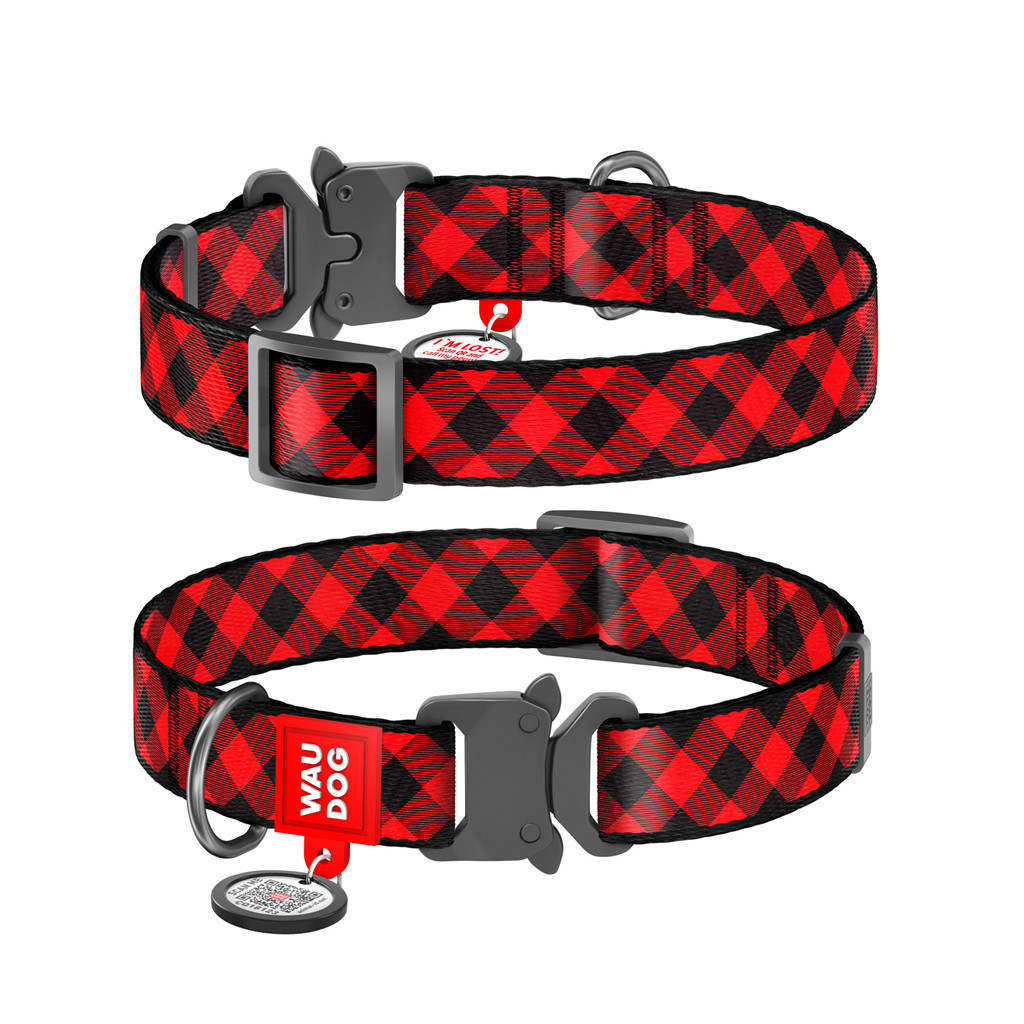 Нашийник для тварин WAUDOG Nylon з QR паспортом "Шотландка червона" металева пряжка-фастекс S (5084) - зображення 1