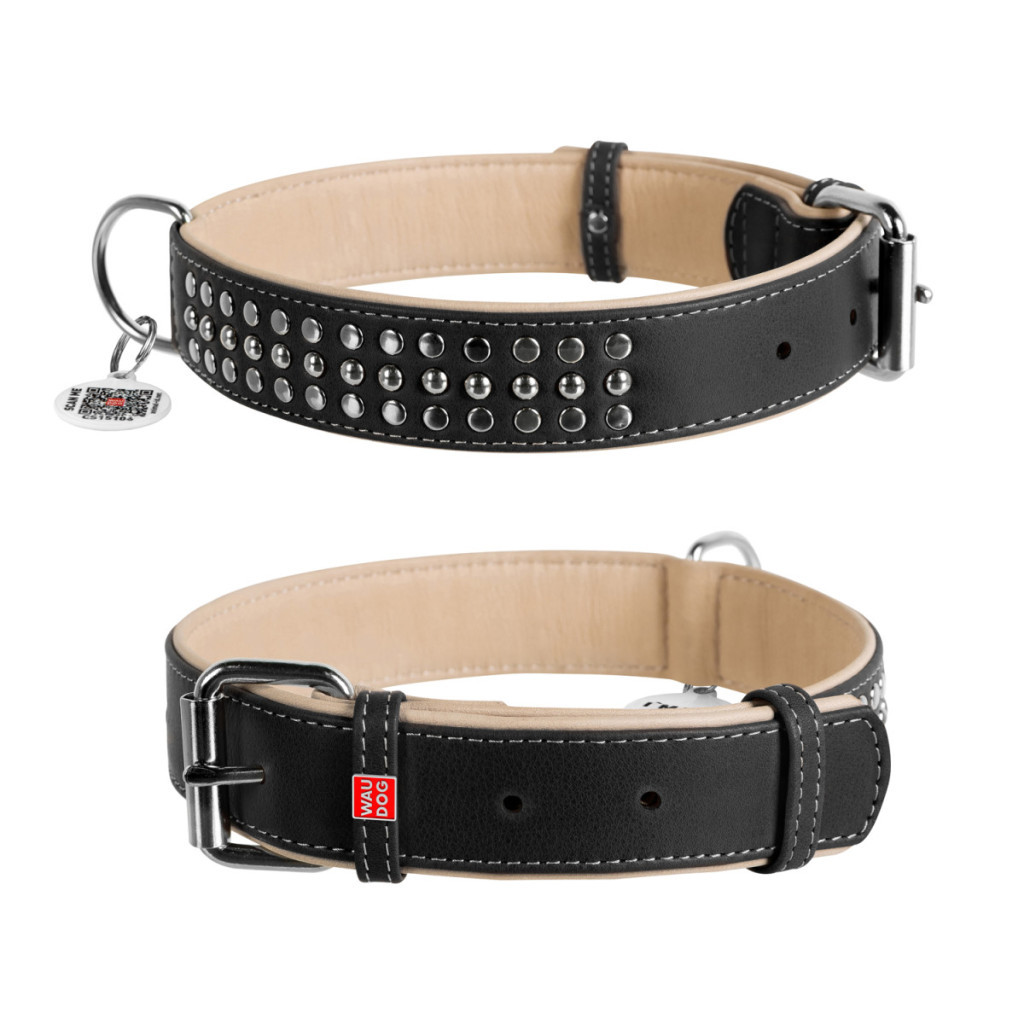 Нашийник для тварин WAUDOG Soft з QR паспортом металічні прикраси L чорний (7214) - зображення 1